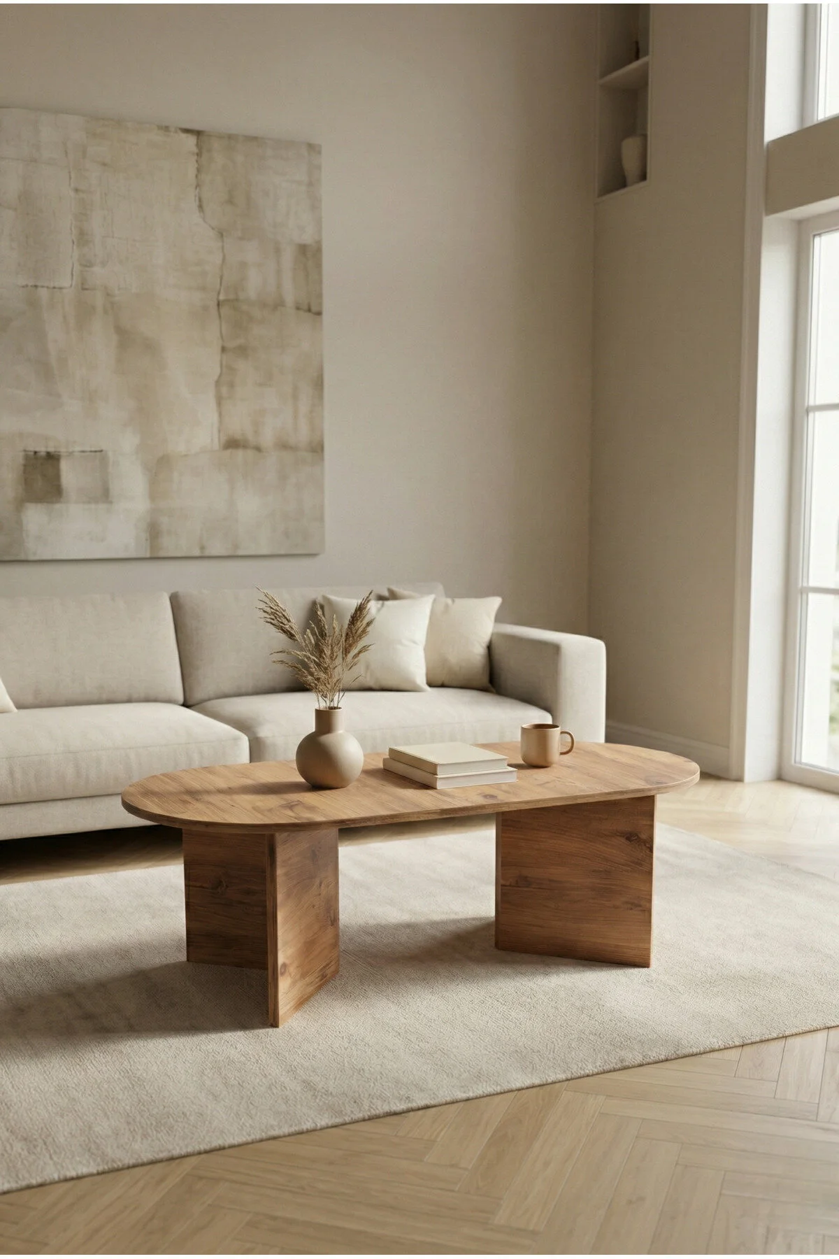 Modern Oval Orta Sehpa Minimal Ahşap Salon Sehpası Şık Tasarım Safir Meşe