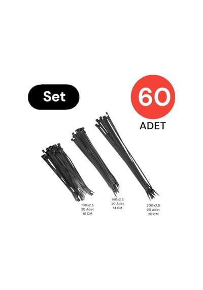 Plastik Kablo Bağı Cırt Kelepçe Set 100 Mm - 150 Mm - 250 Mm X 2.5 Mm Siyah 20 Şer Adet X 3 60 Adet