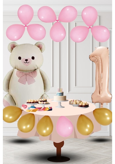 1 Yaş Retro Folyo Krem Ayıcık Pembe Gold Balon Rose Gold Rakam Doğum Günü Süsleme KREM