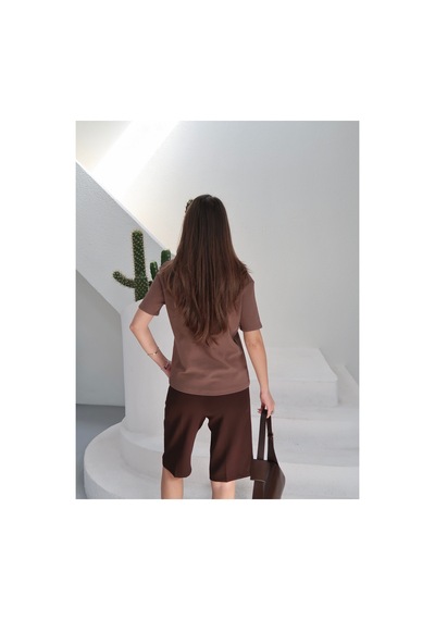 Paw Garage Kadın Massi İnterlok Kumaş V Yaka Oversize T-shirt Kahverengi
