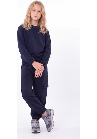 Fyk Kids 3 İplik Kız Çocuk Düz Kısa Bel Sweatshirt Bisiklet Yaka Eşofman Takımı Lacivert