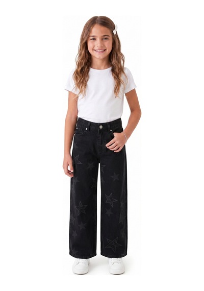 Onloox Kız Çocuk Siyah Kız Çocuk Siyah Pamuklu Geniş Paça Regular Yıldız Baskılı Denim Jean Pantolon 10-14 Yaş