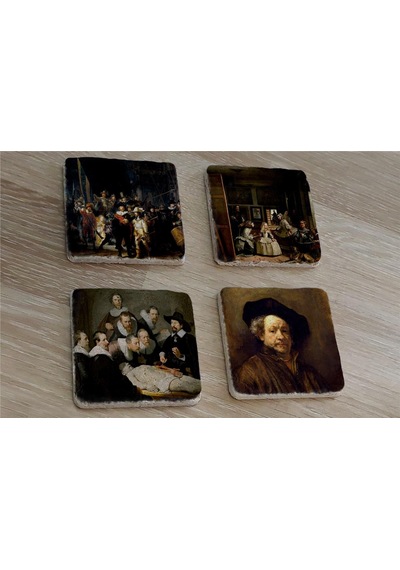 Rembrandt Otoportre Ve Eserleri Doğal Taş Bardak Altlığı 4'lü Set - Natural Stone Coasters - Taş Çok Renkli