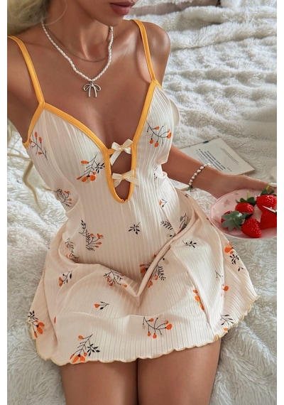 Bella Notte Romantik Ekru Hardal Çiçek Desenli Fiyonk Detaylı Gecelik Sarı