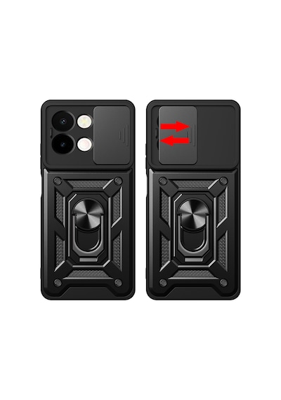 Vivo Y28 Kılıf Sürgülü Kamera Koruyucu Manyetik Standlı Tank Koruma Celikaksesuar Siyah