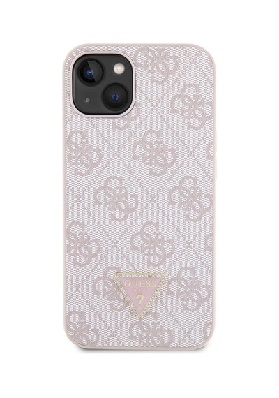 Apple Uyumlu iPhone 14 Kılıf Guess Lisanslı Pu Deri Taşlı Üçgen Logo 4g Desenli Kapak Pembe