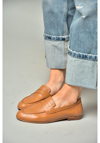Fox Shoes S944007803 Taba Hakiki Deri Kadın Babet Taba