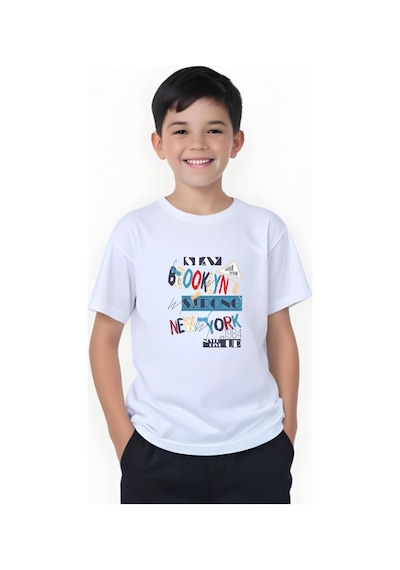 Panios Kids Brooklyn Strong Baskılı Erkek Çocuk Kısa Kollu T-shirt Beyaz