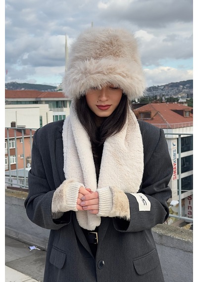 Mollycrush Peluş Bucket Kalpak Atkı Eldiven 3'lü Set Kadın Kışlık Suni Kürk Bej 3'lü Takım Bej