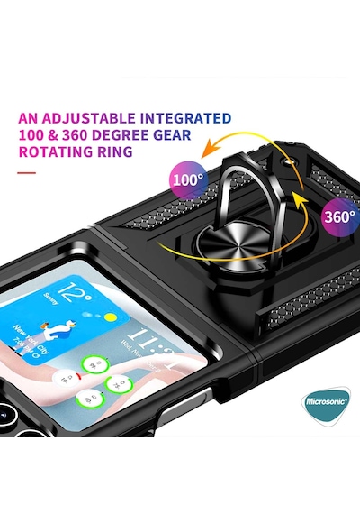 Microsonic Samsung Galaxy Uyumlu Z Flip 7 Fe Kılıf Military Ring Holder Siyah -