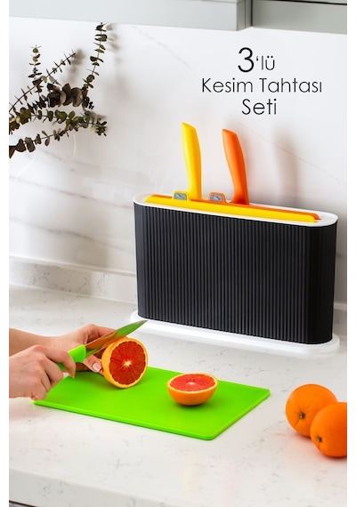 Porsima 1075 3 Bıçaklı Standlı Çoklu Kesme Tahtası Seti Siyah - Beyaz