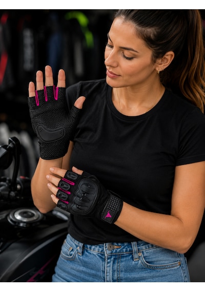 Motokit Twist Pembe / Yarım Parmak - Kaymaz Avuç İçi Kadın Motosiklet Eldiveni