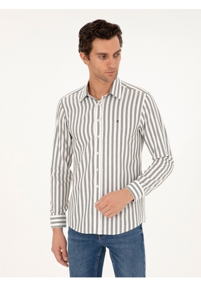 Cacharel Gri Slim Fit Çizgili Pamuk Gömlek