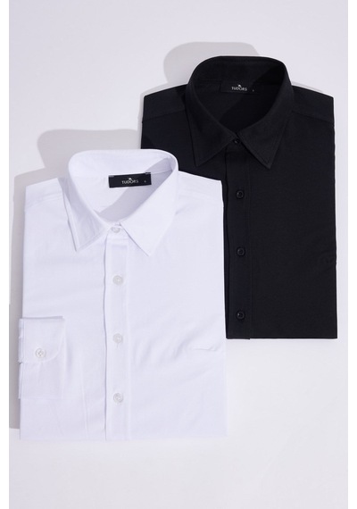 Tudors Kadın 2'li Paket Siyah-beyaz Slim Fit Dar Kesim Uzun Kollu Pamuklu Vücuda Oturan Dokulu Basic Gömlek-51050 Multi