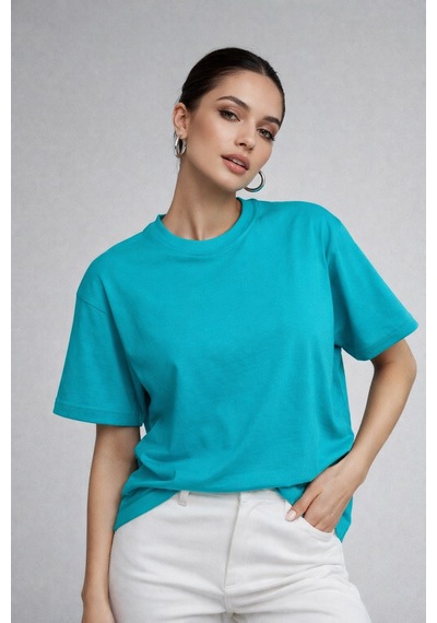 Kadın Turkuaz %100 Pamuk Oversize Basic Tişört Rahat Kalıp Relaxed Bisiklet Yaka T-shirt Turkuaz