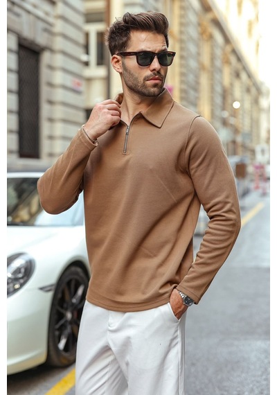 Madmext Vizon Yarım Fermuarlı Polo Yaka Dokulu Erkek Sweatshırt E7197