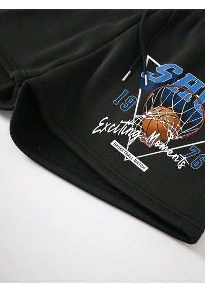 Basketball & Letter Graphic Drawstring Waist Şort Siyah