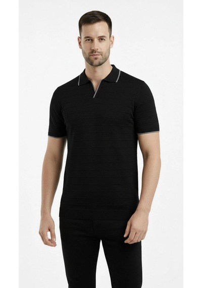 Barlashive Erkek Yazlık Dokuma Triko Tişört Düğmesiz Polo Yaka Kısa Kol T-shirt - Siyah Çok Renkli