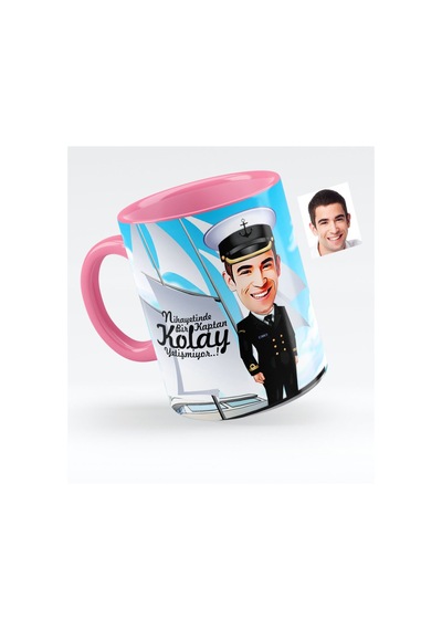 Kişiye Özel Bay Gemi Kaptanı Karikatürlü Pembe Kupa Bardak - 1