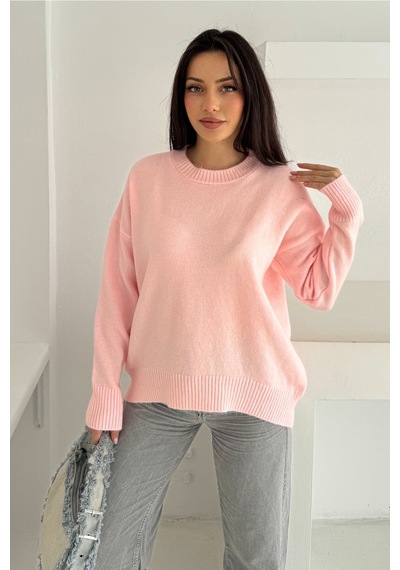 Femelle Kadın Pembe Standart Beden Oversize Basic Triko Kazak - 357bnd