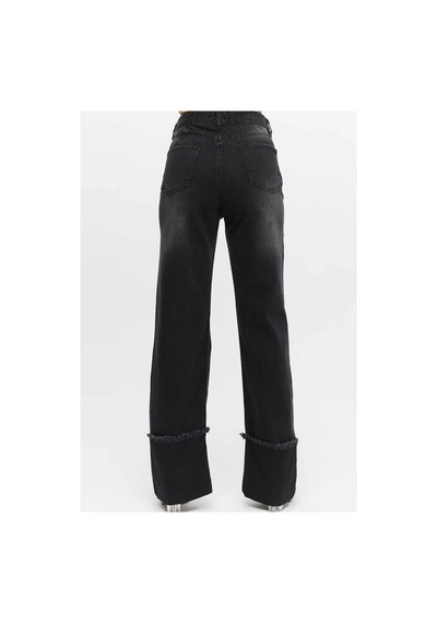 Kene Jeans Yüksek Bel Siyah İşlemli Ters Paça Püskül Detaylı Kot Jeans Siyah İşlemli
