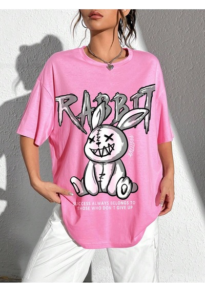 Noıssey Karikatür Ve Grafik Tasarım Oversize T-shirt Cartoon/letter Serisi Kod38 Pembe