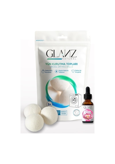 Glanz 3 Adet Yün Keçe Çamaşır Kurutma Topu 7 - 8 Cm + 30ml Esans Koku Hediye - Doğal Ürün Açık Bej