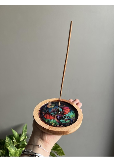 Ahşap Üzerine Epoksi Mandala Desenli Yuvarlak Tütsülük -12 Cm Çap- Ejderha/dragon