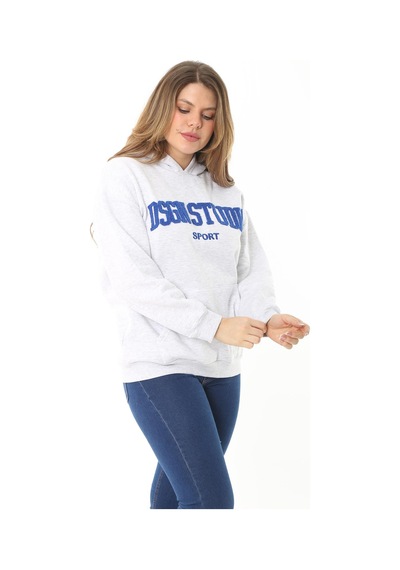 Şans Kadın Büyük Beden Gri İçi Şardonlu 3 İplik Nakış Detaylı Kapşonlu Sweatshirt 65n37126-gri Gri