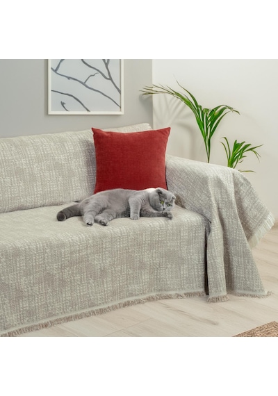 Purecot Premium Pamuklu Püsküllü Koltuk Örtüsü 180x300 Large Çift Taraflı Terletmez Kaymaz Açıkkahve Kahverengi