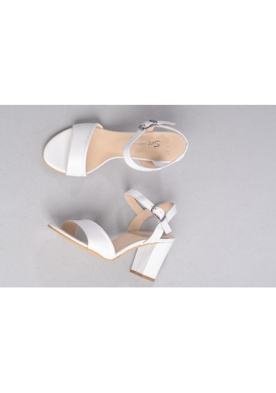 Seç Kundura Seç 0032 Hakiki Deri Tek Bant Sandalet Topuk Boyu 8,5cm Beyaz - 37 Beyaz