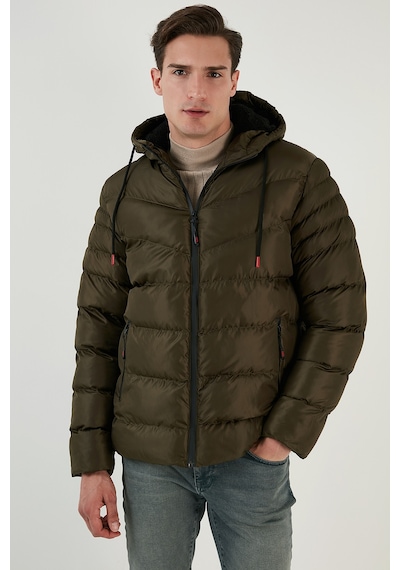 Buratti Peluş Astarlı Kapüşonlu Fermuarlı Slim Fit Şişme Erkek Mont 5762010 Haki