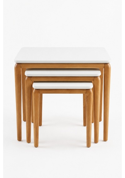 Ant Home Zigon Sehpa, 3'lü Yan Sehpa, Bohem Sehpa, %100 Doğal Ahşap, Salon Sehpa Ekru