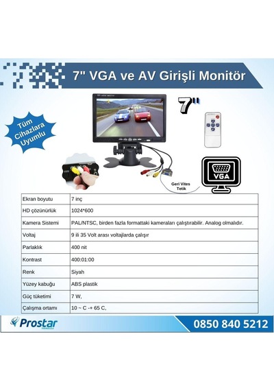 7" Vga Ve Av Girişli Araç Monitörü