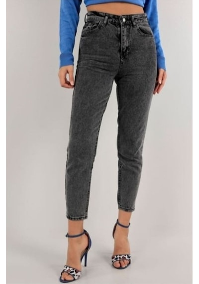 Trendy Kadın Füme Yüksek Bel Yumuşak Dokunuşlu Rahat Kesim Mom Jean Kot Pantolon
