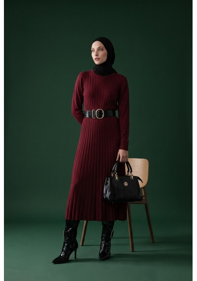 Armine Trend Kendinden Çizgili Triko Elbise Bordo 25ktd901