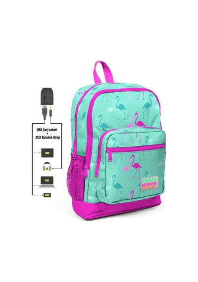 Coral High Kids Dört Gözlü Kız Çocuk İlkokul Çantası Yeşil Flamingolar Baskılı - USB+AUX Soketli 23275