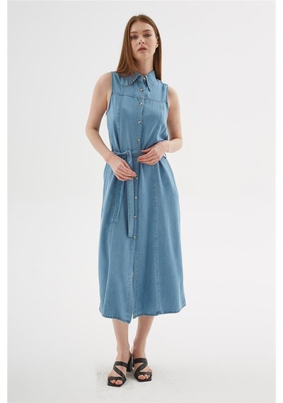 Fashion Friends Kadın Denim Gömlek Elbise 25y0384k1 Mavi