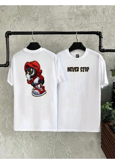 Flood Of Style Erkek Beyaz Never Stop Baskılı Bisiklet Yaka Tshirt