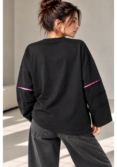 Bb Butik Basic Kontrast Dikiş Detaylı Oversize Uzun Kollu Sweatshirt Fk3535 siyah
