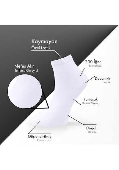Saf Bambu Erkek Yarım Konç Düz Beyaz Çorap Dikişsiz Premium Kutulu 6'lı L5952aznp Softaura