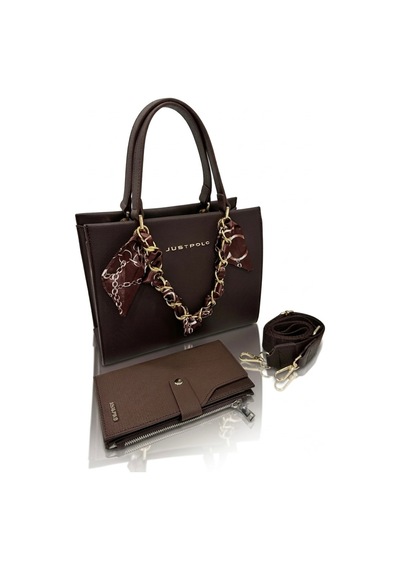 Just Polo Kadın Gold Zincirli Şal Detaylı Şık El & Omuz Çantası Ve Cüzdanı Kombin Shopper Ebat: 20 X 25 Cm Kahverengi