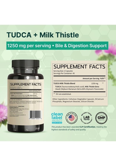 Vınatura Tudca Milk Thistle 1250mg Bile Salts Liver Support, Gallbladder 90 Caps