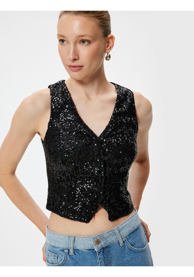 Koton Abiye Yelek Crop Pullu Payetli V Yaka Kolsuz Düğmeli Slim Fit Siyah 4sak50002fk Siyah Koton Abiye Yelek Crop Pullu Payetli V Yaka Kolsuz Düğmeli Slim Fit Siyah 4sak50002fk Siyah
