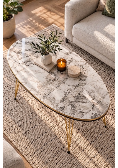 Sulorahome Oval Mermer Desenli Gold Metal Ayaklı Orta Sehpa Beyaz Mermer