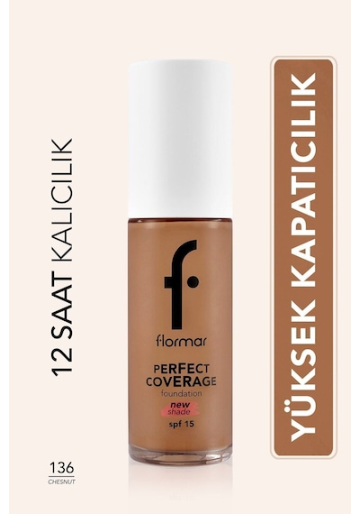 Flormar Perfect Coverage Yoğun Kapatıcı Su Bazlı Fondöten (Sıcak Alt Ton) -136 Chesnut -8682536070652