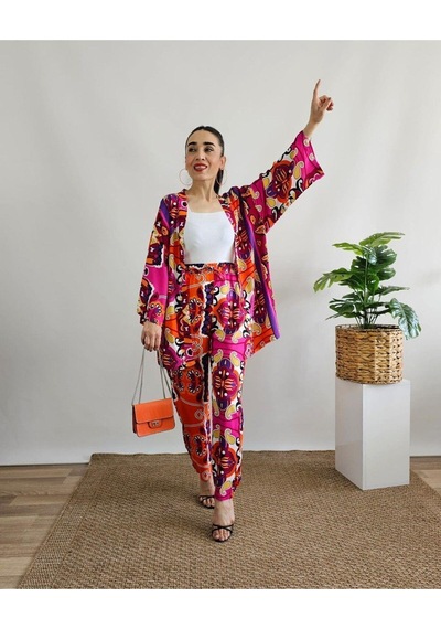 İpli Fuşya Renk Etnik Desenli Viskon Kumaş Kimono Takım Fuşya