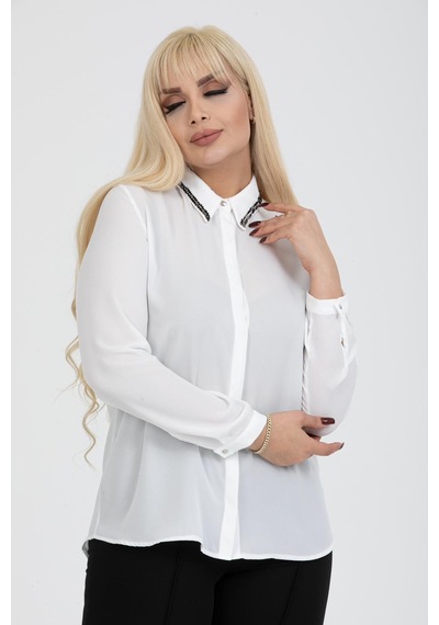 Pera Moda Büyük Beden Yaka Boncuklu Gömlek Beyaz