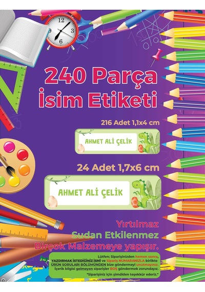 Okul Etiketi, Kalem Defter Etiketi, Şirin Dinazor Etiketi - 240 Adet Folyo Sticker Çok Renkli