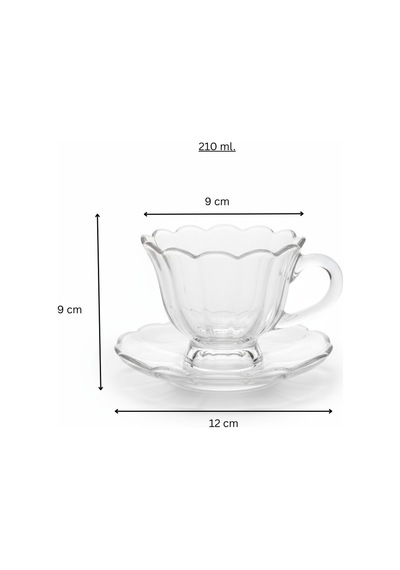 Olive Cam 6 Kişilik Tabaklı Büyük Çay Fincan Seti 6 X 210 Ml Şeffaf